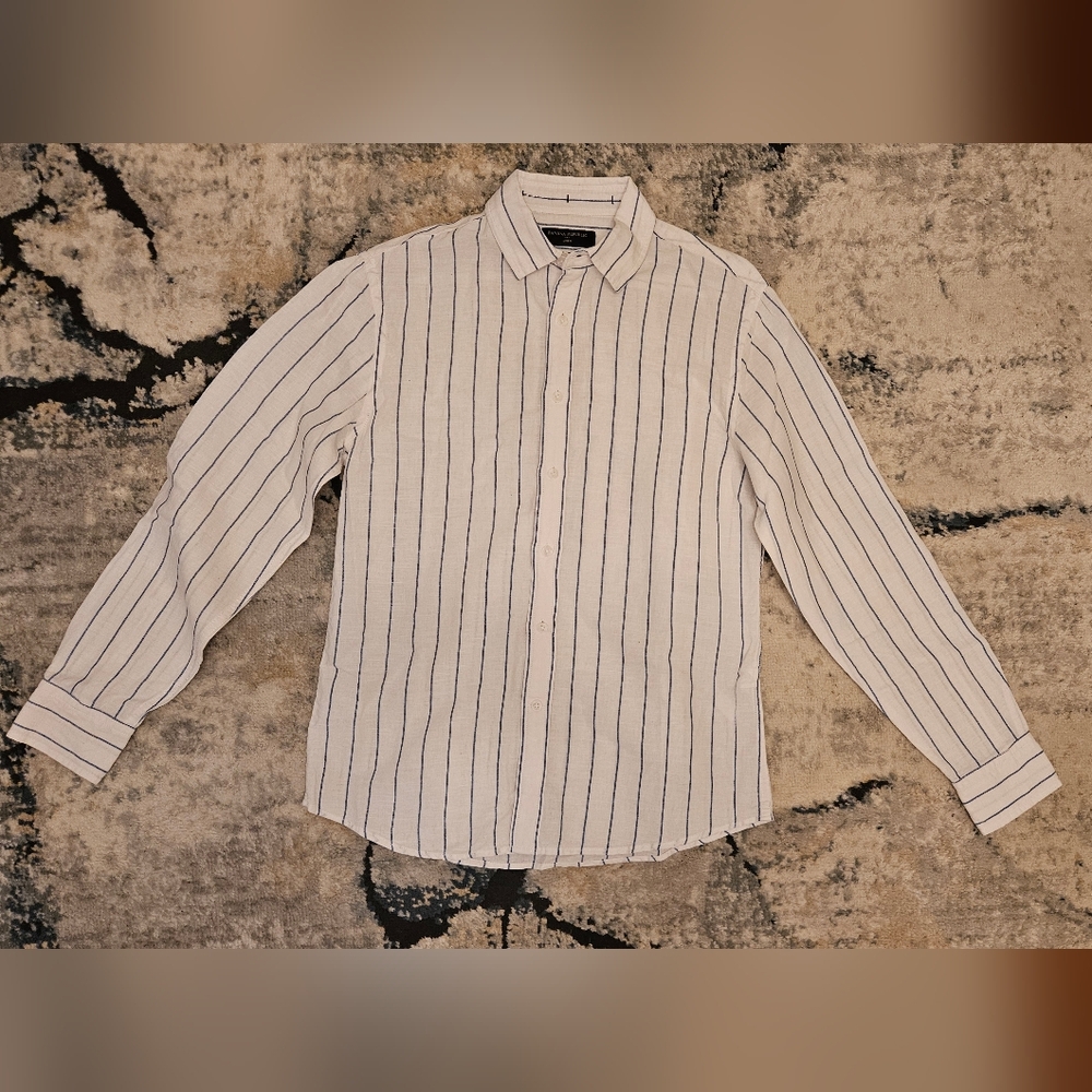 Banana Republic White & Blue Striped Linen Button Down Shirt Untucked Fit size S